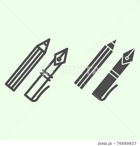 Ink pen line and solid icon. Office supplies with fountain pen and pencil outline style pictogram on white background. Education and school signs for mobile concept and web design. Vector graphics. 76689837
