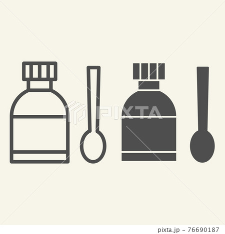 Medical Syrup line and solid icon. Medicine bottle and measuring spoon outline style pictogram on white background. Cough mixture for mobile concept and web design. Vector graphics. Medical Syrup line and solid icon. Medicine bottle and measuring spoon outline style pictogram on white background. Cough mixture for mobile concept and web design. Vector graphics. 76690187
