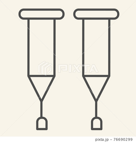 Crutches thin line icon. Stick with a crosspiece for lame person outline style pictogram on white background. Medical walking crutch pair for mobile concept and web design. Vector graphics. Crutches thin line icon. Stick with a crosspiece for lame person outline style pictogram on white background. Medical walking crutch pair for mobile concept and web design. Vector graphics. 76690299