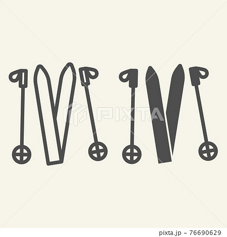 Skiing line and solid icon. Ski equipment outline style pictogram on beige background. Skiing gear skis and sticks for mobile concept and web design. Vector graphics. 76690629