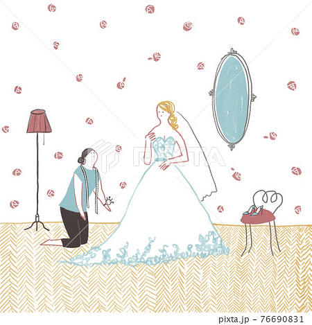 ウエディングドレスを試着している女性とスタッフ ドレスショップ 壁紙 床有 のイラスト素材