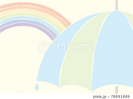 パステルカラーの虹と傘と雨粒の背景のイラスト素材