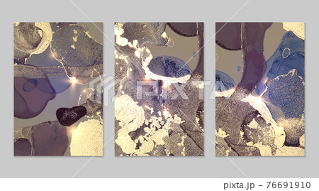 Gold, purple and blue pattern with texture of geode and sparkles 76691910