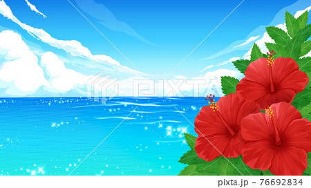 ハイビスカスの花と海の風景の背景イラスト 16 9のイラスト素材