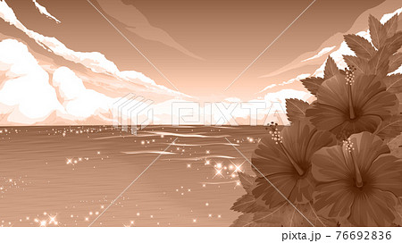 ハイビスカスの花と思い出の海の風景 背景イラスト セピア 16 9のイラスト素材