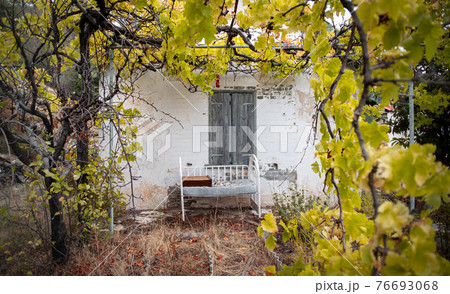 Old baby bed against abandoned traditional house framed with autumn grapevine 76693068