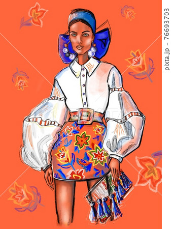 Hand-drawn abstract fashion illustration Postcard of imaginary female model in a trendy outfit: floral printed skirt, blouse, jewelry accessories holding a bag with a bright floral pattern background. 76693703