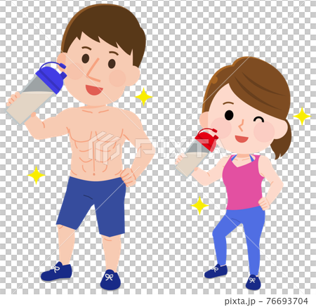 プロテインを飲む筋肉が美しい男女 全身 イラストのイラスト素材