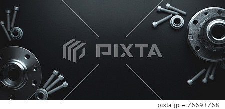 Mechanic part. Set of new metal car part. Auto motor mechanic spare or automotive piece isolated on black banner background. Automobile engine service with space for text. 76693768