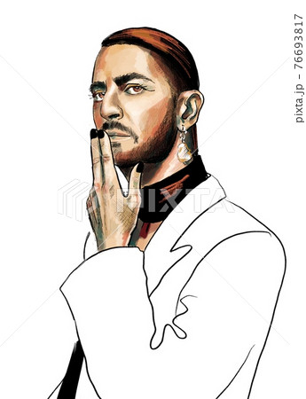 Hand-drawn fashion illustration of   imaginary male model figure in abstract black fashion outfit with a collage geometrical elements, on a white background. A gift Fashion postcard. Barbershop logo 76693817
