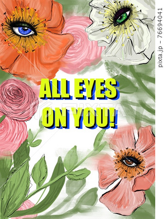 Hand-drawn fashion illustration of a magnolia flower decoration, inside of fairy garden with pink peonies, coral and white camellias, which have eyes, and green leaves. Fashionista greeting card with Hand-drawn fashion illustration of a magnolia flower decoration, inside of fairy garden with pink peonies, coral and white camellias, which have eyes, and green leaves. Fashionista greeting card with 76694041