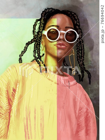 Hand-drawn abstract fashion illustration of imaginary female afro model with dreadlocks hairstyle, with trendy outfit: chunky knit sweater and sunglasses, with a multi color effects background 76694042