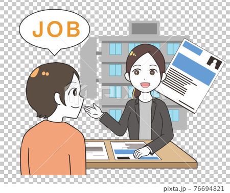 仕事探しをする女性　受付の女性　文字付き 76694821