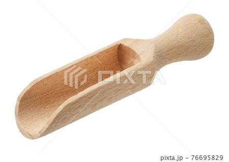 Small rustic wooden scoop isolated on white background. Small rustic wooden scoop isolated on white background. 76695829