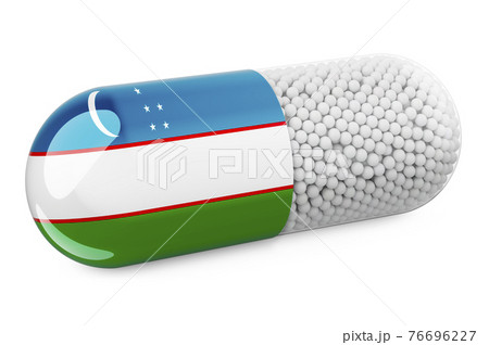 Pill capsule with Uzbek flag. Healthcare in Uzbekistan concept. 3D rendering 76696227
