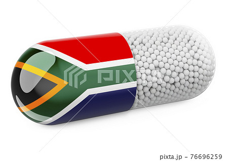 Pill capsule with South African flag. Healthcare in South Africa concept. 3D rendering Pill capsule with South African flag. Healthcare in South Africa concept. 3D rendering 76696259
