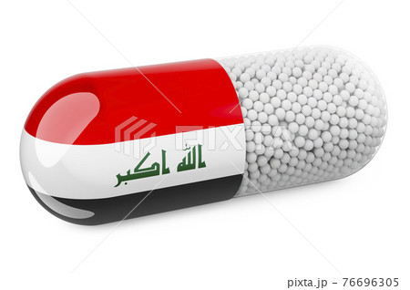 Pill capsule with Iraqi flag. Healthcare in Iraq concept. 3D rendering Pill capsule with Iraqi flag. Healthcare in Iraq concept. 3D rendering 76696305