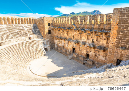 Aerial view of the ancient Aspendos amphitheater near Antalya city 76696447