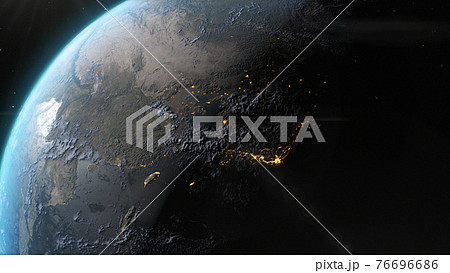 宇宙から見た地球と日本列島の灯りのあるイメージ図のイラスト素材