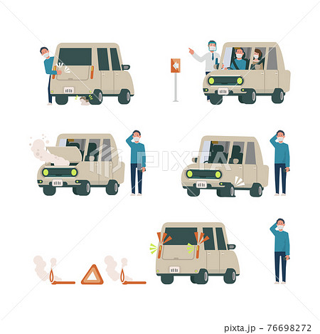 自動車と男性運転手 猫バンバン 誘導 故障 パンク 停止 発煙筒 イラストのイラスト素材