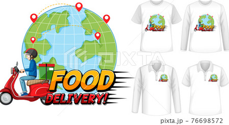 Set of different types of shirts with food delivery logo screen on shirts Set of different types of shirts with food delivery logo screen on shirts 76698572