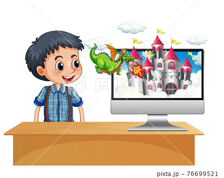 Boy next to computer with castle desktop screen background Boy next to computer with castle desktop screen background 76699521
