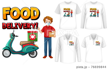 Set of different types of shirts with food delivery logo screen on shirts Set of different types of shirts with food delivery logo screen on shirts 76699844