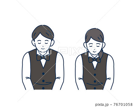 お辞儀をする店員 スタッフ 男女 いらっしゃいませ 頭を下げる 挨拶 感謝 イラスト素材のイラスト素材