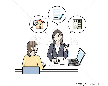 お部屋探しをする女性　物件　不動産屋　賃貸契約　イラスト素材　 76701076