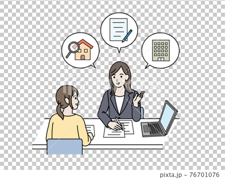 お部屋探しをする女性　物件　不動産屋　賃貸契約　イラスト素材　 76701076