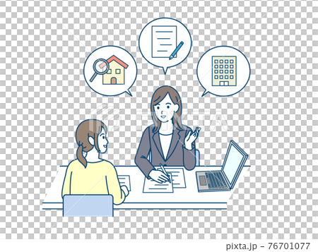 お部屋探しをする女性　物件　不動産屋　賃貸契約　イラスト素材　 76701077