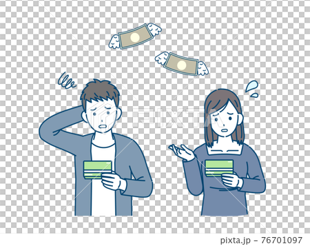通帳を見て困る　若い男女　大学生　金欠　支払い　貯金　イラスト素材 76701097
