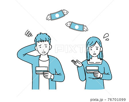 通帳を見て困る　若い男女　大学生　金欠　支払い　貯金　イラスト素材 76701099