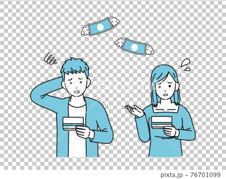 通帳を見て困る　若い男女　大学生　金欠　支払い　貯金　イラスト素材 76701099