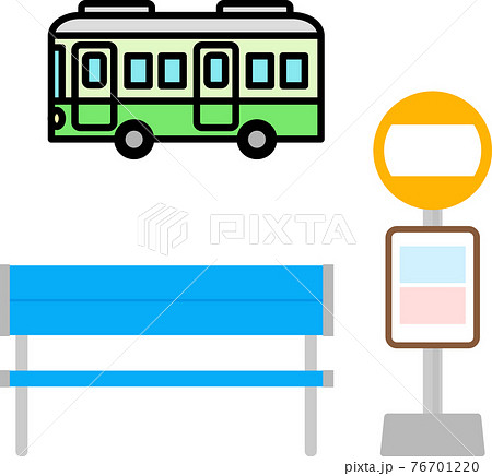 バスのアイコンとバス停標識とベンチのイラスト素材