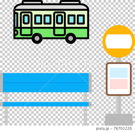 バスのアイコンとバス停標識とベンチのイラスト素材