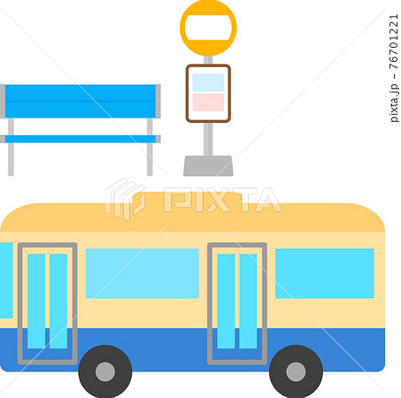 バスとバス停標識とベンチのイラスト素材
