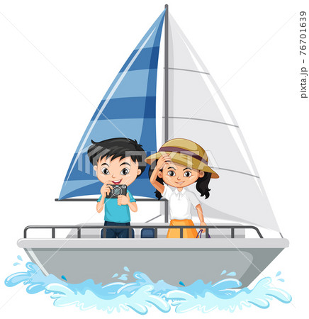 A boy and a girl standing on a sailboat isolated on white background 76701639