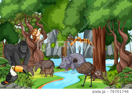 Wild animal cartoon character in the forest scene 76701746