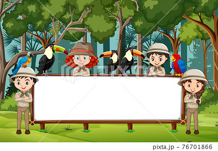 Empty banner with many children and wild animals in the forest scene 76701866