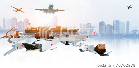 The world logistics background or transportation Industry or shipping business, Container Cargo shipment , truck delivery, airplane , import export Concept The world logistics background or transportation Industry or shipping business, Container Cargo shipment , truck delivery, airplane , import export Concept 76702879