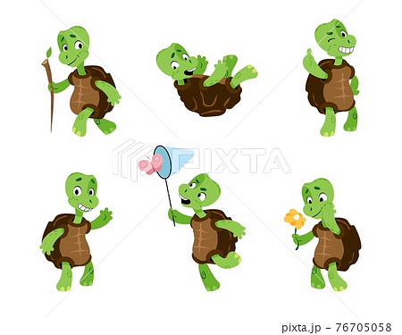Turtle. Cartoon tortoise mascot. Green comic reptiles with carapaces. Animals activities or emotions. Funny character walking and catching butterfly. Vector marine terrapins gestures set 76705058