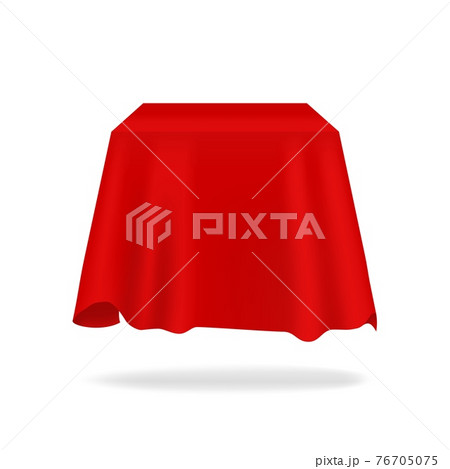 Red silk cover. Realistic secret box hidden under fabric. 3D bright flowing tablecloth mockup with folds. Exhibition drapery. Smooth satin material. Vector blank presentation drape 76705075