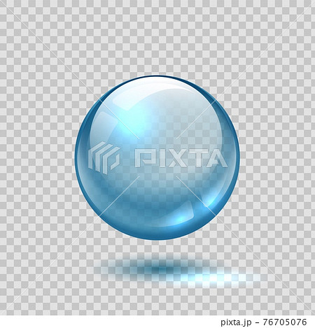 Clear glass bubble. Realistic blue sphere. 3D ball on transparent background. Glossy crystal object with shadow and light reflection. Circle shape lens template. Vector round water drop 76705076