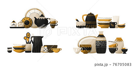 Crockery stack. Ceramic tableware and pottery. Kitchen dishes. Cookware with spoons and cups, decorative plates or bowls. Porcelain utensil composition set. Vector household dinnerware 76705083