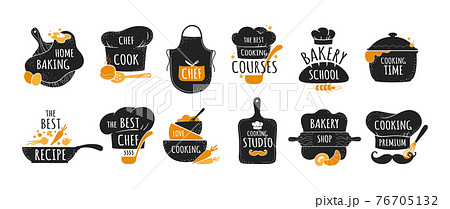 Cook logo. Restaurant kitchen chef emblems, bakery and cookery badges set. Black stickers with lettering and cooker hat or utensil. Food preparing course signs. Vector label templates Cook logo. Restaurant kitchen chef emblems, bakery and cookery badges set. Black stickers with lettering and cooker hat or utensil. Food preparing course signs. Vector label templates 76705132