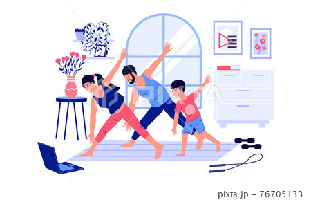 Family workout. Home sport activities with kids. People watch online video instruction and training. Parents with son doing fitness exercises together. Vector healthy active lifestyle Family workout. Home sport activities with kids. People watch online video instruction and training. Parents with son doing fitness exercises together. Vector healthy active lifestyle 76705133