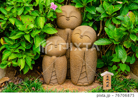 鎌倉 長谷寺 10月に咲くあじさいを愛でる良縁地蔵の写真素材