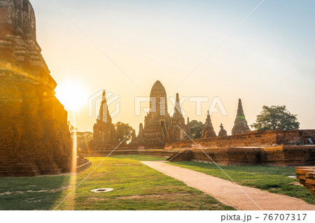 Wat Chaiwatthanaram temple at sunset in a historical park in Ayutthaya, Thailand. 76707317
