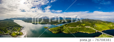 Panorama Beautiful Nature Norway natural landscape. Whirlpools of the maelstrom of Saltstraumen, Nordland, Norway 76708381
